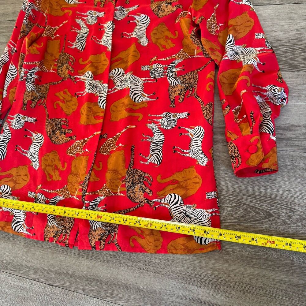 Vintage 100% Silk Piano Blouse Sz S Mob Wife Bold Red Animal Print Old Money - Picture 12 of 16